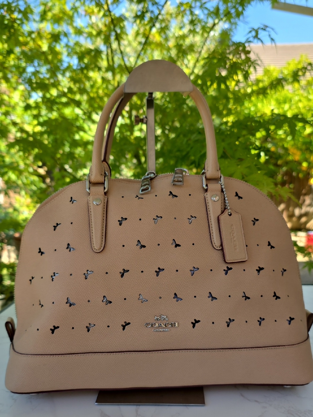 Coach Sierra Satchel Butterflies Perforated Beechwood Beige Hand Bag - Picture 3 of 14